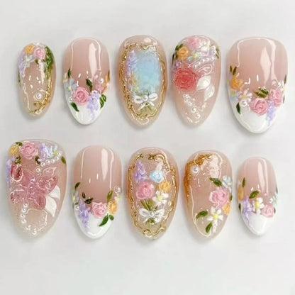 24pcs French Press on Nails Tips Wearable Sweet Flower Gilded Design Full Cover Nail Art Short Almond Fake Nails Sets False Nail