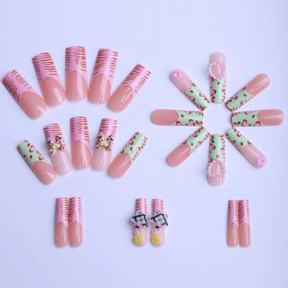 24pcs Long Square Fake Nails Zebra-Leopard Print French Style Spicy Girl False Nails With 3D Heart Bowknots Decor Press On Nails