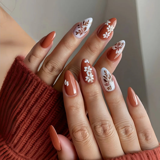 24pcs Fashion Simple Press on Fake Nails Sets Flower Leaves Pattern Full Cover Nail Tips Short Almond False Nail Fake Nails Art