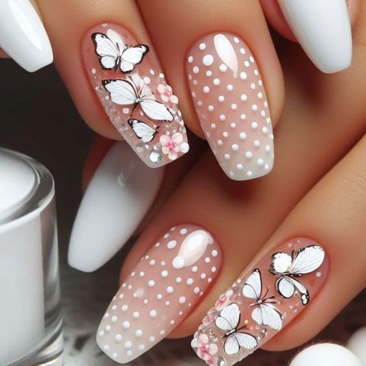 24pcs Polka Dot Long Ballet Fake Nails Art White Gradient Press on False Nails Wearable Fashion Butterfly Flower Stick on Nail