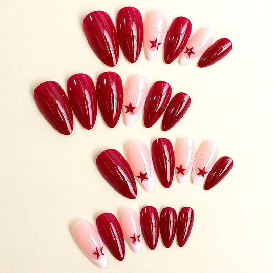 24Pcs White French Tips Medium Almond Press on Nails with Red Five-pointed Star Design, Glossy False Nails