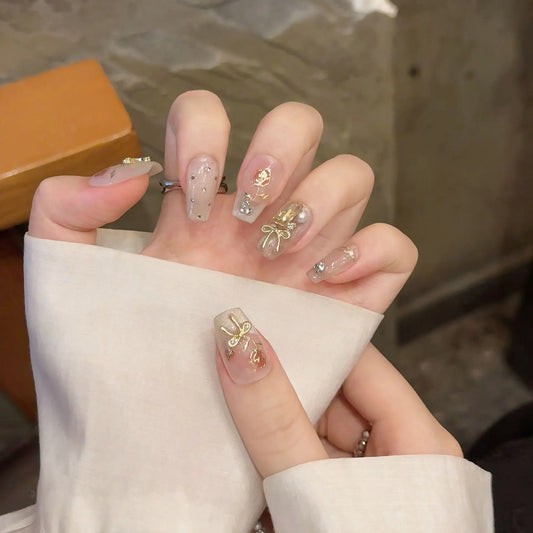 10Pcs Mid-length Ballet Handmade False Nails Cat's Eye French Dot Fake Nails 3D Bow Rose Rhinestone Reusable Press on Nails Tips
