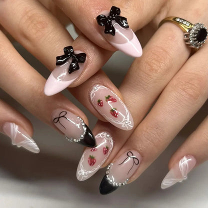 24pcs Long Almond Press on Nails Gold Bow Fake Nails Cherry Pattern False Nail Artificial Tips Накладные Ногти Uñas Postizas 네일팁