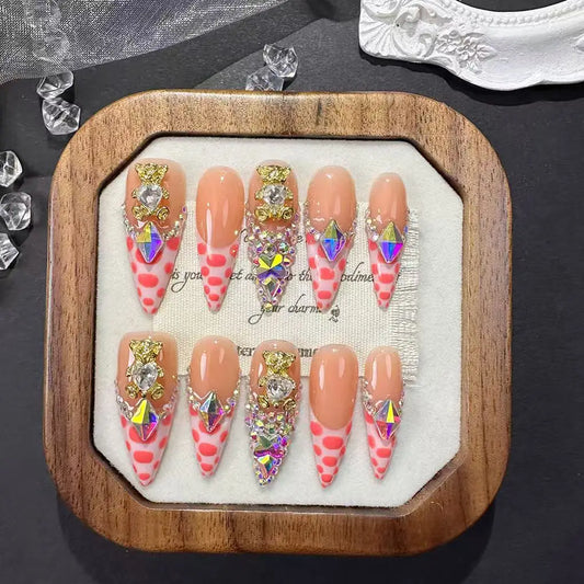 10pcs high-end Elegant and light luxury style, hand-painted spot pattern, three-dimensional bear, dazzling square diamond hand