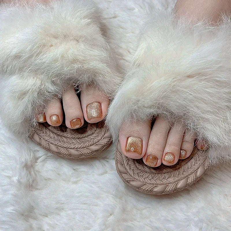 24pcs Shiny White False Toenails with Glitter Powder Design Square Fake Toe Nails Women Wearable Full Cover Press on Toenails