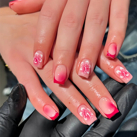 24pcs Sweet Flower Design Stick on Fake Nail Art Wearable Pink Blush Short Square Press on Nails French Tips Ballet False Nail