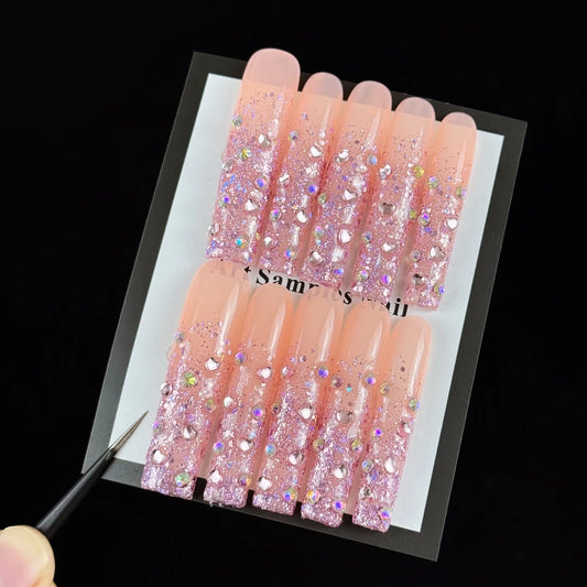 10pcs high-end Style and luxury version, hand-painted pink cat eyes, dazzling with full diamonds handmade fake nails