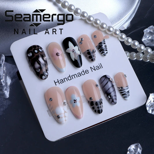 24PCS 3D Floral False Nails Rhinestone Details Nude Animal Print Almond Shape Press on Nails Edgy Sweet Daily Nail Art for Women