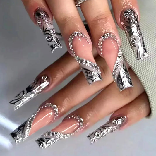 24Pcs Long Square Head False Nails Black French Bow Full Cover Fake Nail Tip Irregular Stripe Rhinestone Reusable Press on Nails