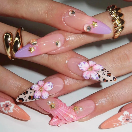 24pcs Fashion Long Almond False Nails Flower Full Cover Nail Tips Wearable Leopard Print French Design Press on Fake Nails Sets