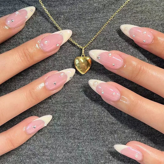 24pcs White French Fake Nail Rhinestone Pearl Design Mid-length Almond Reusable Nails Sets Press on Round Head False Nails Tips