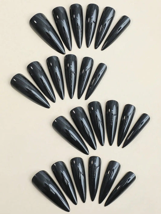 24Pcs Black Long Stiletto Press On Nails Fashion Minimalist Style Fake Nails Glossy Full Cover False Nails For Women Girls Daily