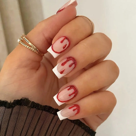 24pcs White French Press on Nails Detachable Short Square Fake Nails Art Simple Blood Pattern Ballet False Nail Sets Manicure