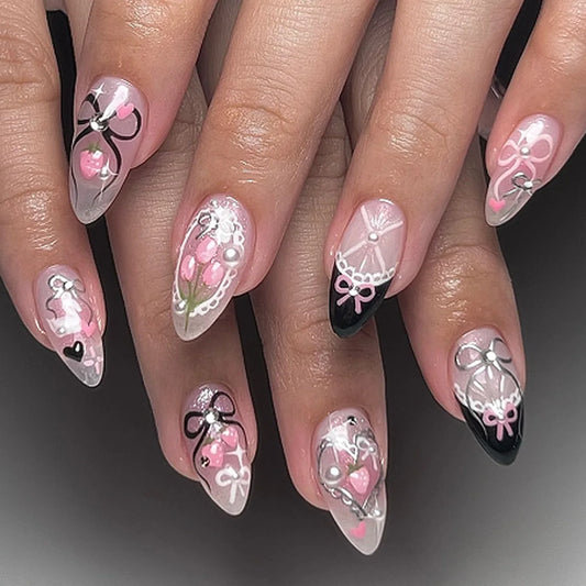 24pcs Short Almond False Nails Cute Bow Design Blush Fake Nail Art Rhinestone French Press on Nails Sets Flower Pearl Manicure