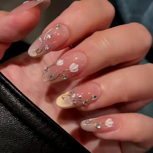 24pcs Diamond Flower Design Nails Tips Cat's Eye Long Almond Fake Nail French Sweet Fresh Press on Nails Pink Oval False Nail