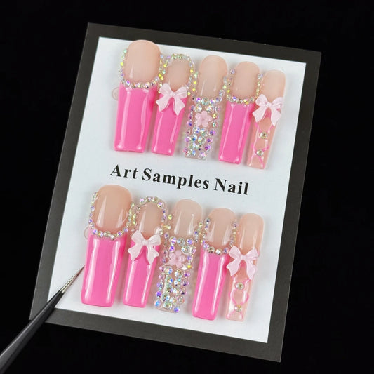 10pcs high-end Pink girl style, hand-painted patterns, three-dimensional bow, dazzling cluster of diamonds handmade fake nails