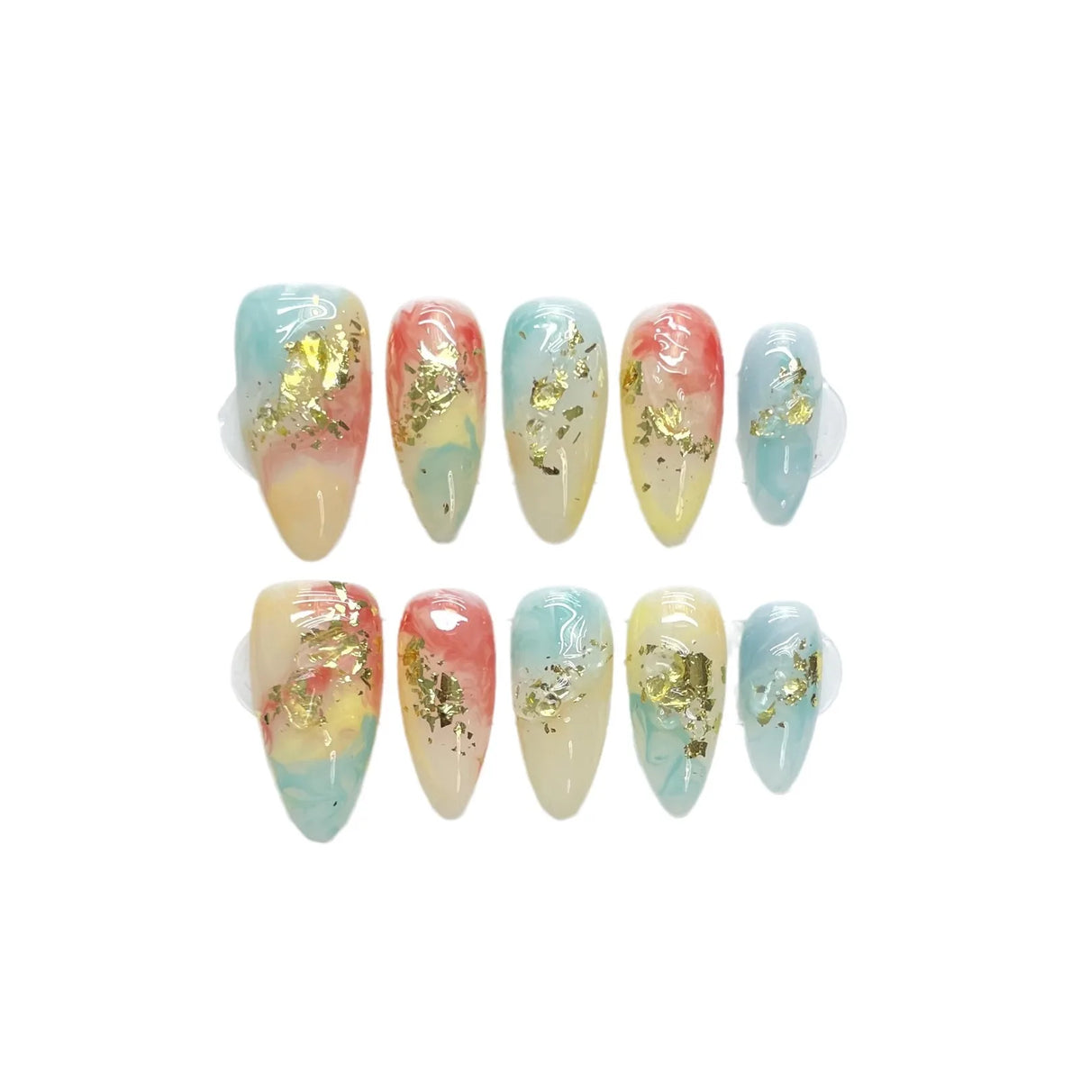 10pcs Shiny Colorful Almond Fake Nail Patches Handmade Chinese Style Press On Nails Gold Foil Sequins Smudging False Nails Art
