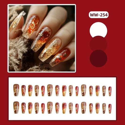 24PCS Amber Gold Foil Press on Nails Square Coffin Shape Hot Girl Style Glitter Resin Fake Nails Luxury Autumn Winter Nail Art