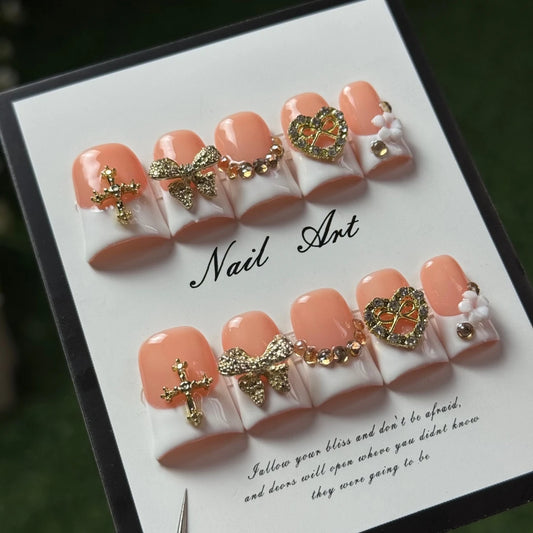 10pcs high-end Elegant style, hand-painted three-dimensional golden bow, heart shape, sparkling diamond pile handmade French Tip