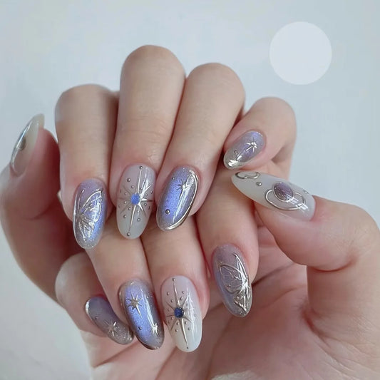 24pcs Oval Fake Nails Art Spring Summer Rhinestone Starlight Design Press on Nails Tips Glitter Aurora Cat's Eye False Nail Sets
