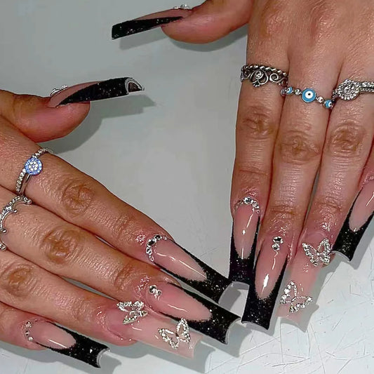 24pcs Black French Fake Nails Sets Butterfly Rhinestone Design Long Square Press on Nails Art Detachable Coffin False Nail Tips