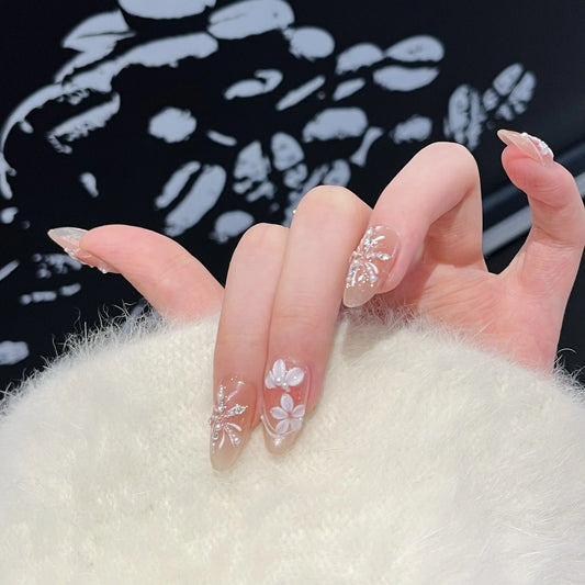 10Pcs Mid-length Oval Almond Fake Nails Dreamy Cat Eye Shiny Pink French Design Nail Stickers Reusable Acrylic Manicure Nail Art
