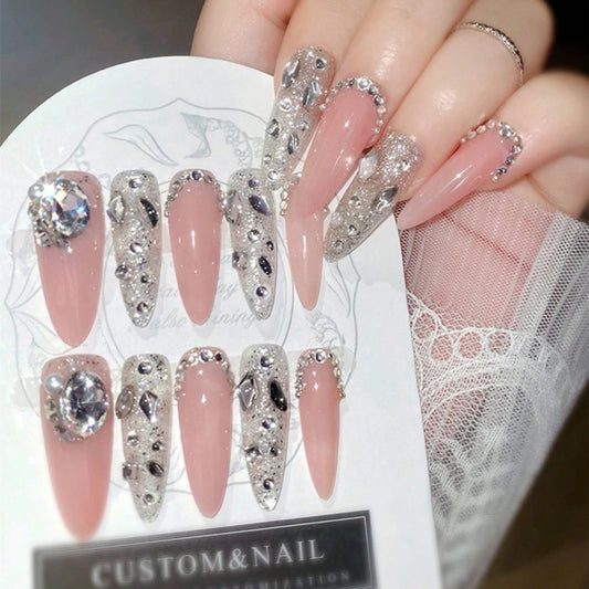 10pcs Light therapy sealing layer Flash drill hand fake nail patch, Long light luxury temperament show white women