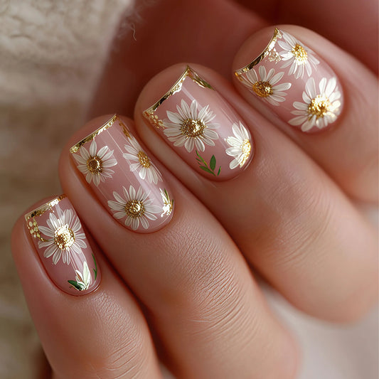 24Pcs Short Square Head Full Cover Fake Nails with Spring Colorful Flower Design False Nails Detachable Press on Nails Tips Art