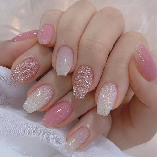 24pcs Shiny Powder Design False Nail Art Gradient Pink Ballet Fake Nails Sets Press on Simple Fashion Short Square Manicure Tips