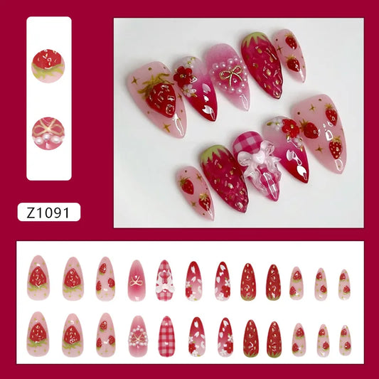 24pcs Ins 3D Bowknots Press On Nails Sweet Strawberry Pink Plaid Almond False Nails With Heart Shape Pearl Decor Fake Nail Tips