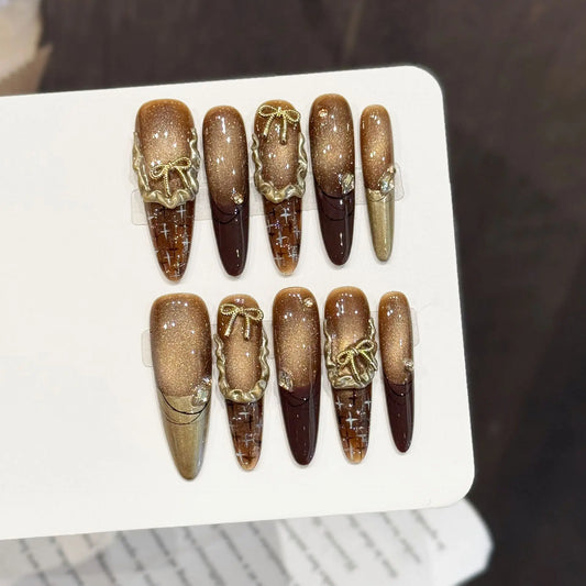 10PCS Stiletto Handmade Press On Nails,Gradual Retro Luxury Style,Suitable For Festivals Parties And Daily Wear.