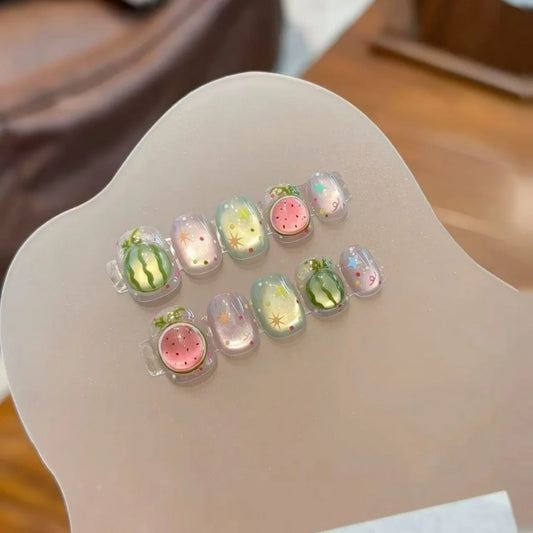 10pcs Handmade Press on Nails Short Square Watermelon Star-Moon  Full Coverage Nail Tips for Women&Girl Removable Wearable nail