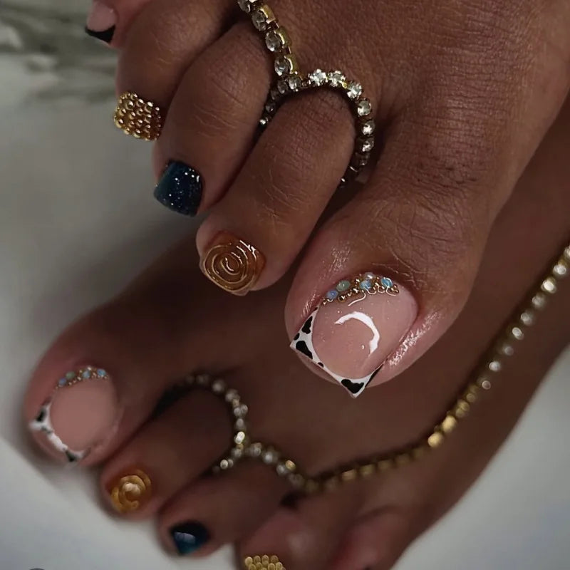 Wine Red Solid Color False Nails Art Simple French Pink White Polk Dot Summer Beach Fake Toenails Charms Cat Eye Press on Nails