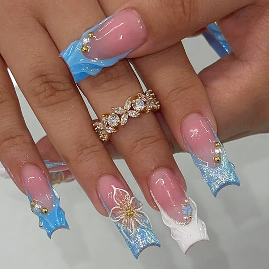 24Pcs Blue White Shiny Powder French Press on Fake Nails 3D Flower Pearl False Nails Art Long Square Head Wearable Manicure Tips