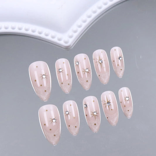 10PCS Almond Nail Press French Pointed Cat Eye Fake Nail With Rhinestone Design, Shiny Artificial Nail Press Cute Nail