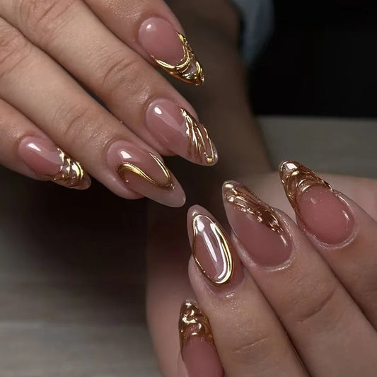 24Pcs Mid-length Almond False Nails Press on 3D Gold Irregular Design Fake Nail Simple Reusable Artificial Full Cover Nails Tips