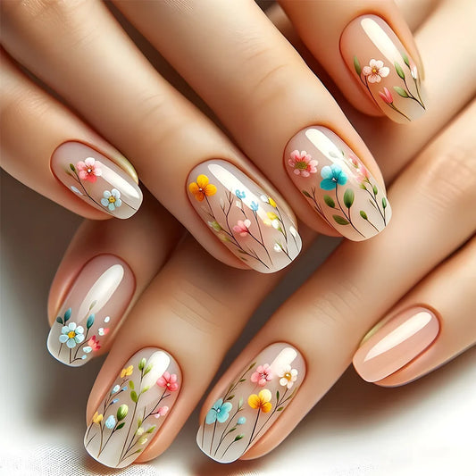 24Pcs Sweet Floral Short Square False Nails with Glue Solid Color Press on Acrylic Nails Simple French Full Cover Fake Nail Tips