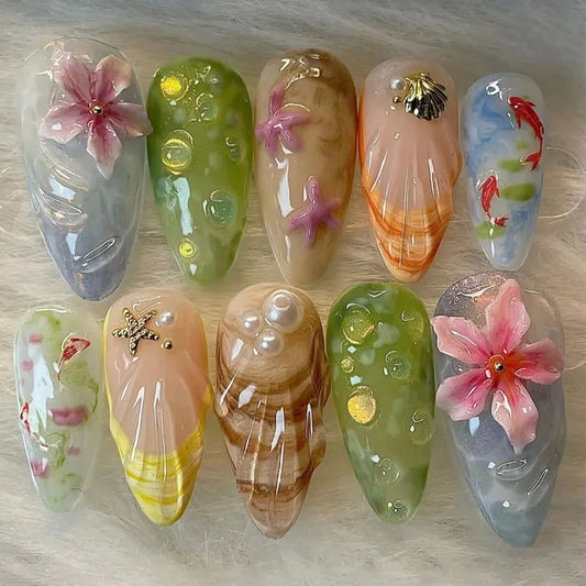 24PCS Summer Colrful Almond Press on Nails 3D Pink Flowers Shell Blue Ocean French Fake Nails with Seastar Pearl Designs Nails
