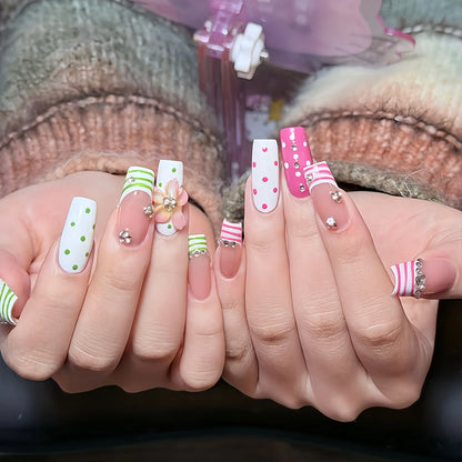 24pcs Dopamine DIY Manicure Art Little Stripes French Style Mid-length Squared False Nail Polka Dot Flower Printed Press On Nail