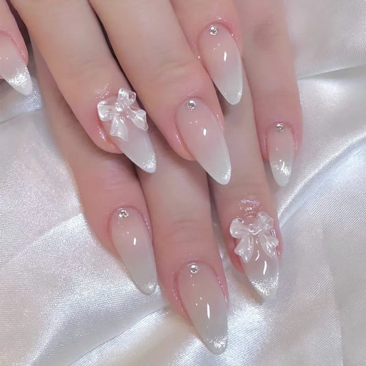 24Pcs Almond Fake Nails Sweet Purple Cat's Eye French False Nails 3D Bow Rhinestone Press on Nails Reusable Full Cover Nail Tip