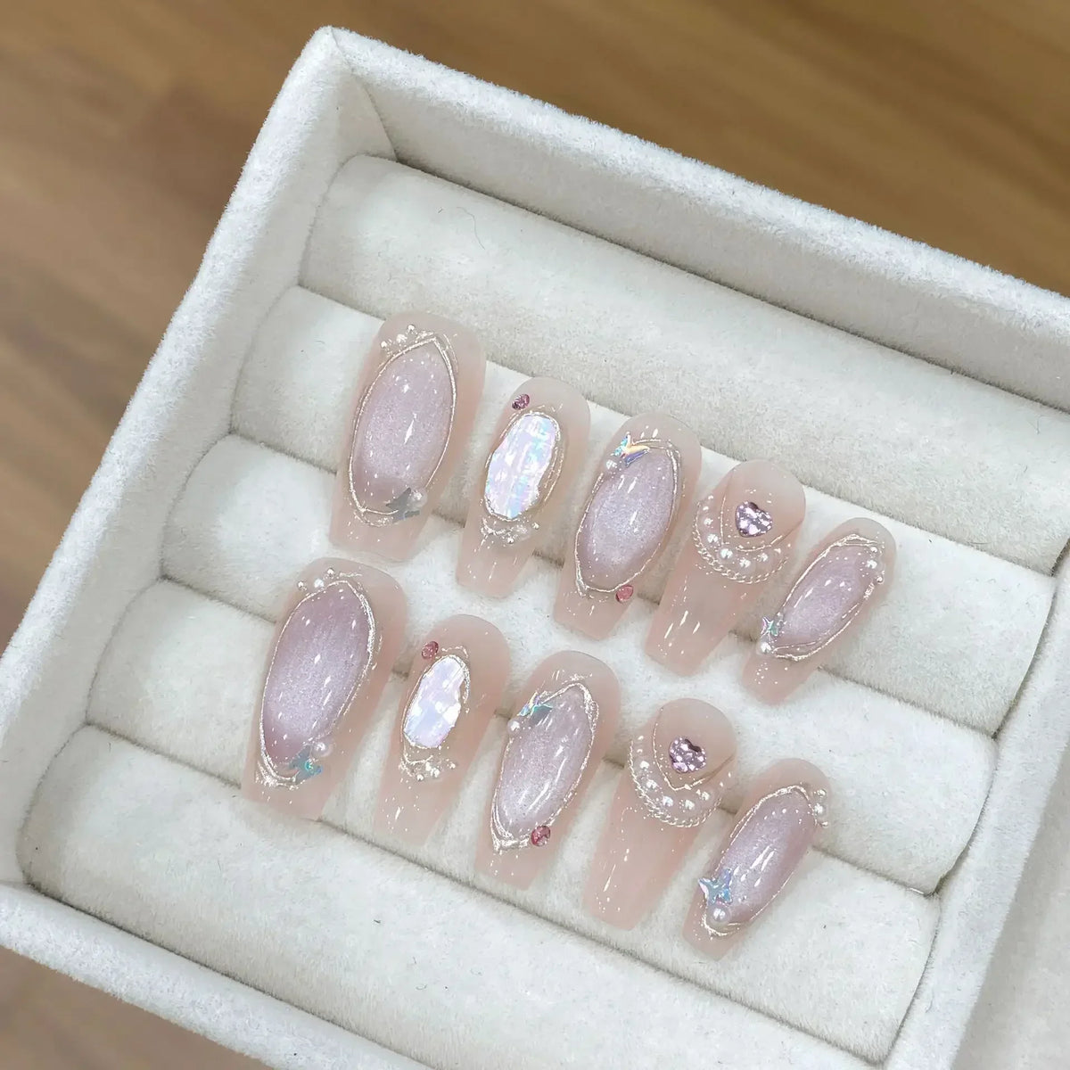 10Pcs Handmade Press on Nails Long Ballet Blue Fake Nails with 3D Ocean Moon Rhinestone Design False Nails Full Cover Nail Tips