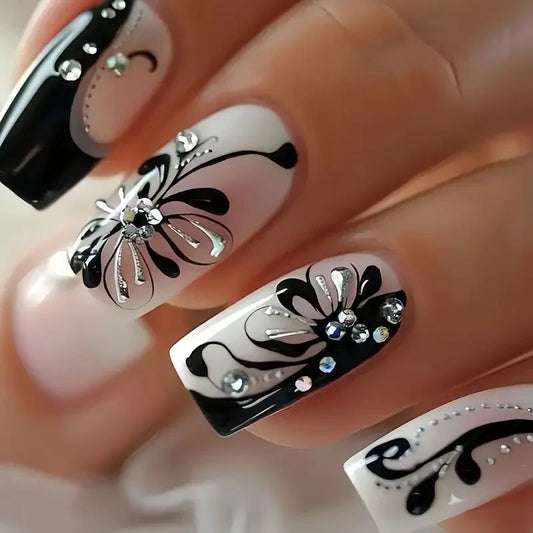 24Pcs Mid-length Square False Nail with White Smudge Flower Design Press on Fake Nails Rhinestone Reusable Full Cover Nails Tips