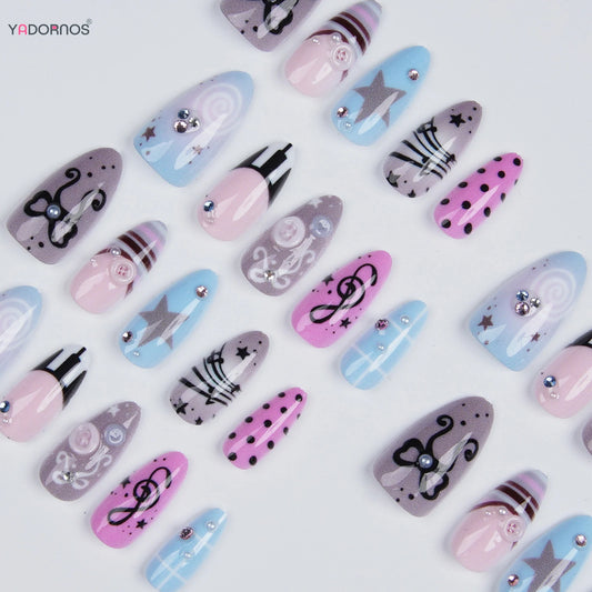 30pcs Y2k Sweet Girls False Nails Pink Blue Stripe French Style Almond Fake Nails Button Bows Musical Notes Design Press On Nail