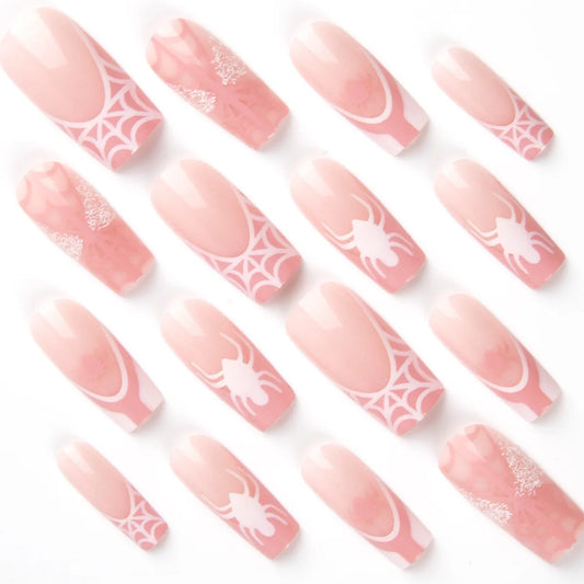 24pcs Pink Spider Web Printed Fake Nails Halloween French Press on Nails Women Full Cover Wearable Coffin False Nail Tips