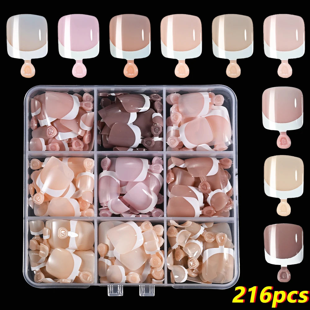 216/120Pcs Nude Pink French Toenails Fake Nails, 6 Sizes Solid Colors Short Square False Nails, French Manicure Fake Toe Nails#