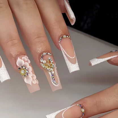 24Pcs Long Square Head French Fake Nail Tips 3D Love Heart Design Press on Nails with Rhinestone Pattern Wearable False Nail Art