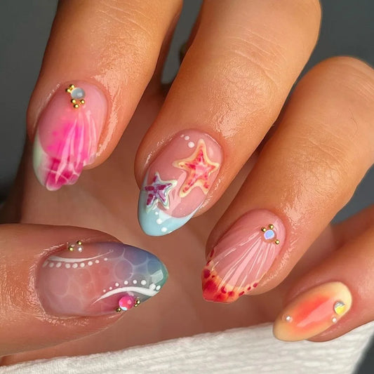 24pcs Short Almond False Nail Art Rhinestone Design Pink Nails Tips French Starfish Fake Nails Reusable Press on Nails Finished