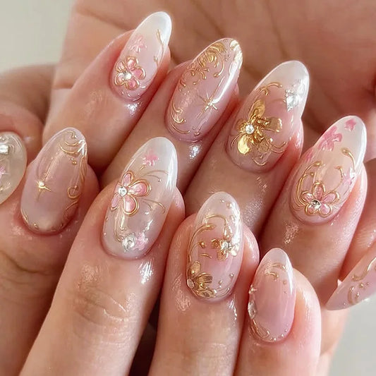 24Pcs 3D Gilded Flower Fake Nails Press on Green French Rhinestone Full Cover Nails Tips Mid-length Almond Reusable False Nails