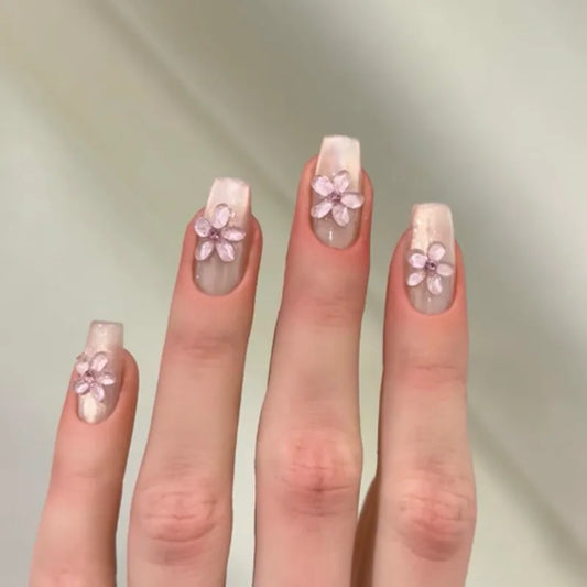 24Pcs Mid-length Ballet Fake Nails Shiny Powder 3D Bow Design Full Cover Nails Tips Art Rhinestone Reusable Press on False Nails