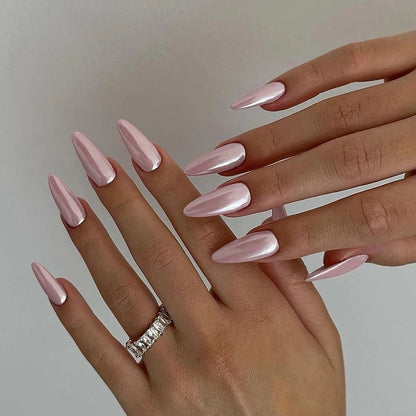 24pcs/Set Y2K Style Pink Magic Metal Chrome Shiny Medium Almond Press On Nails Holographic Nail Dust Ice Neon Mermaid Mirror Gli